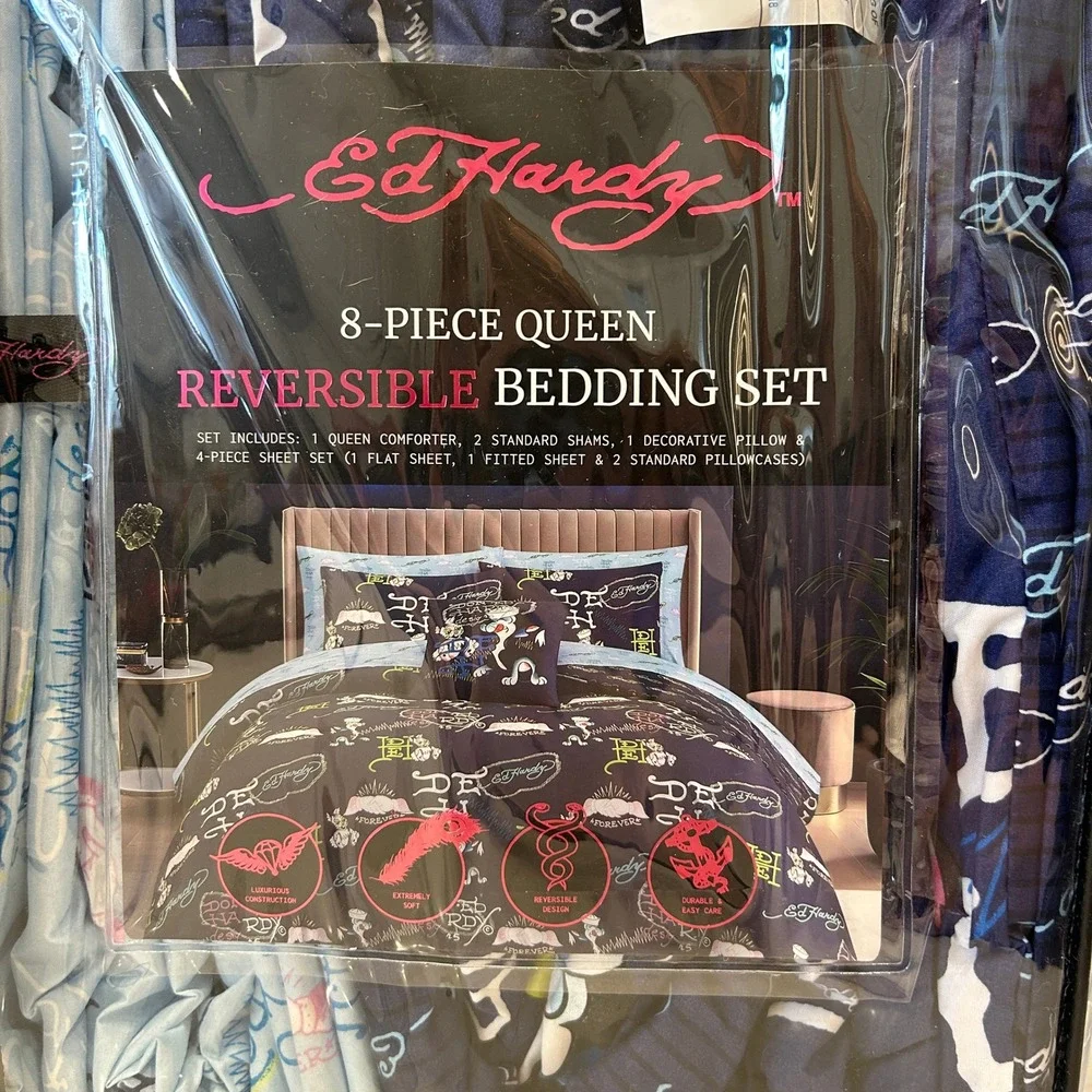 Ed Hardy Queen‎ 8 Piece Reversible Bedding Set Tiger Tattoo Y2K New Sealed Navy